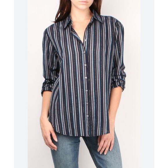 XIRENA NIGHT SPARK STRIPED LUREX BEAU BUTTON DOWN SHIRT MEDIUM - Picture 1 of 9